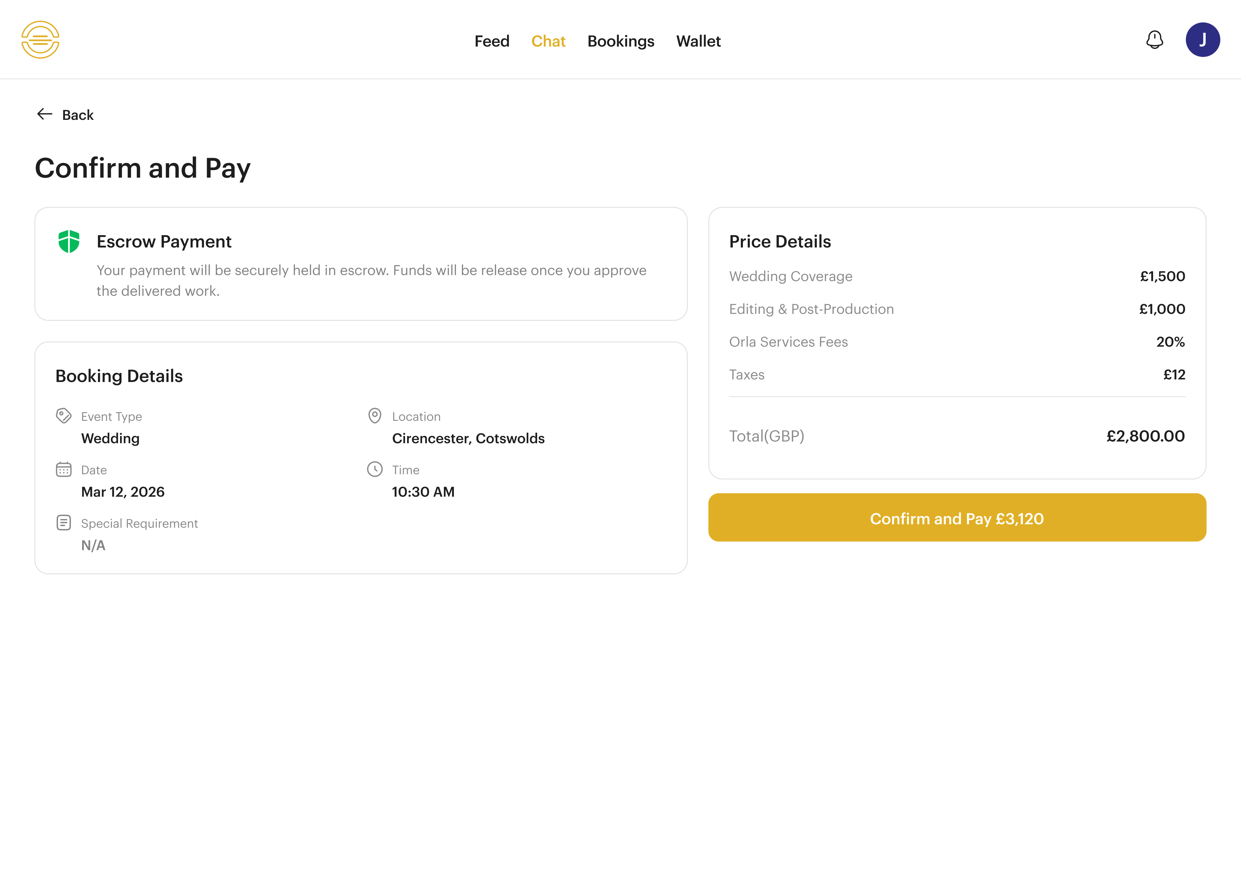 Orla3, confirm and pay with escrow and a full price breakdown