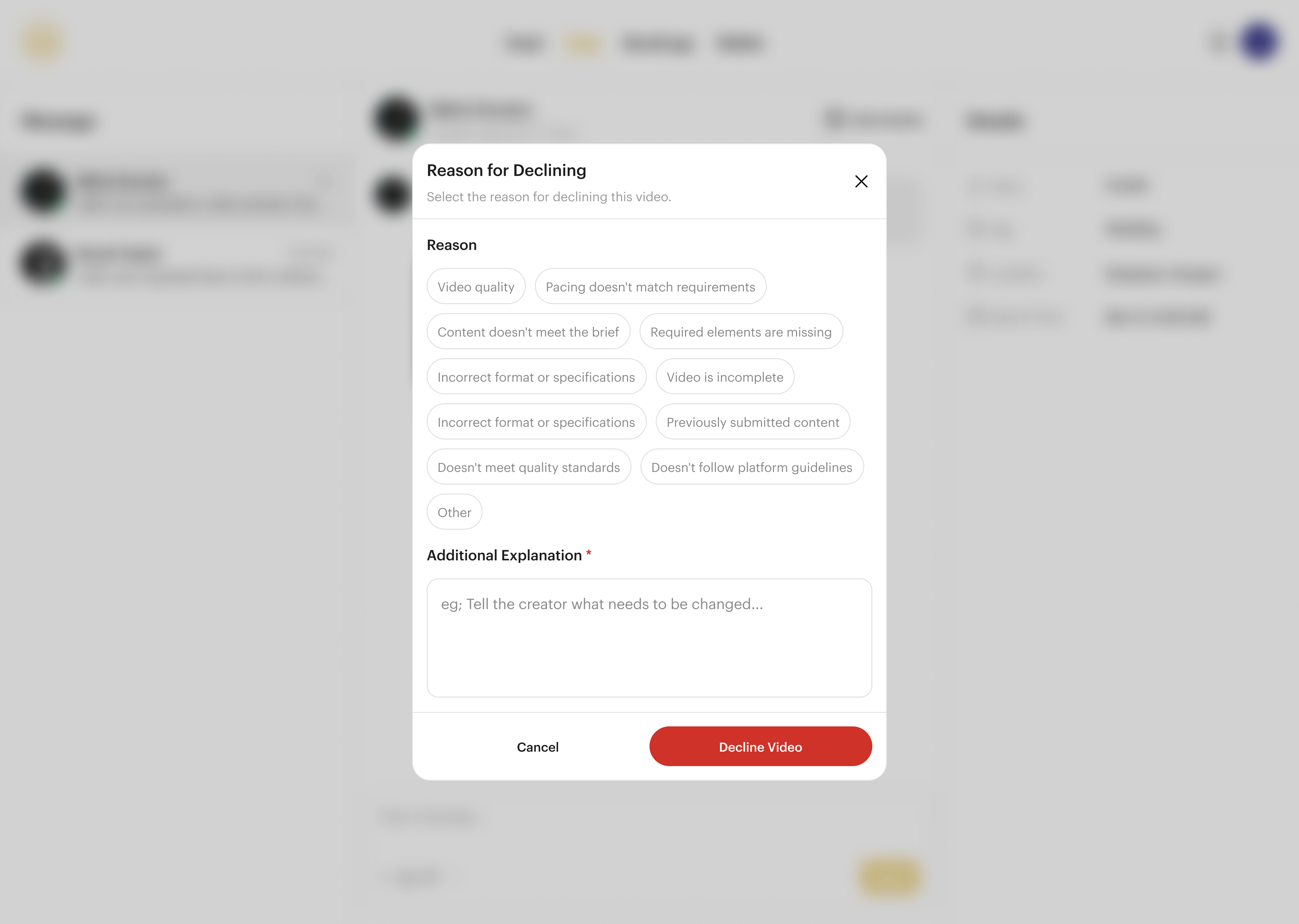 Orla3, a reason-for-declining dialog with set reasons and a required explanation