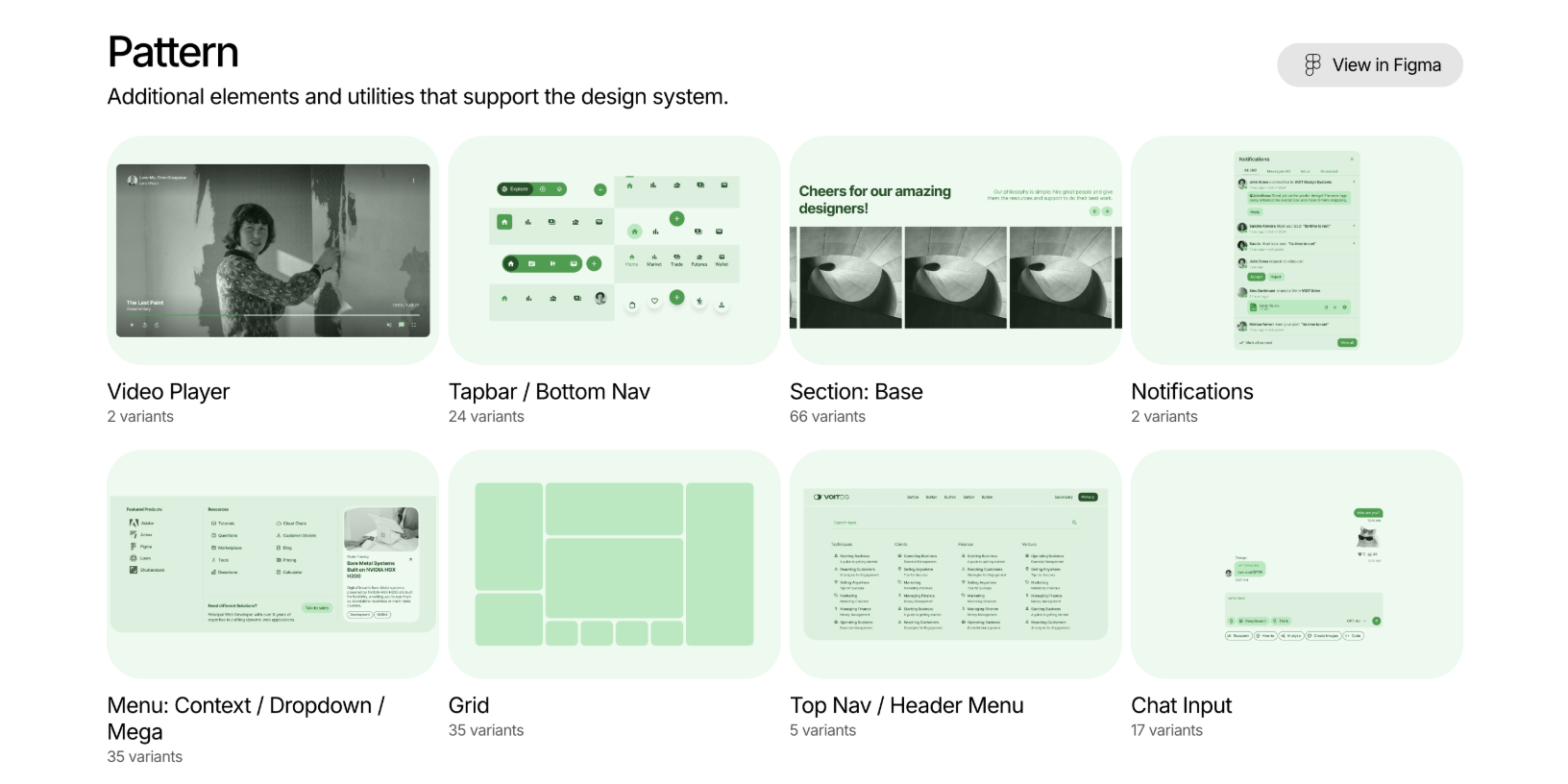 Voit, Pattern library: media, navigation, sections, and utilities