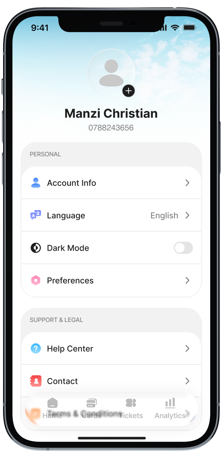 AC Mobility – account screen